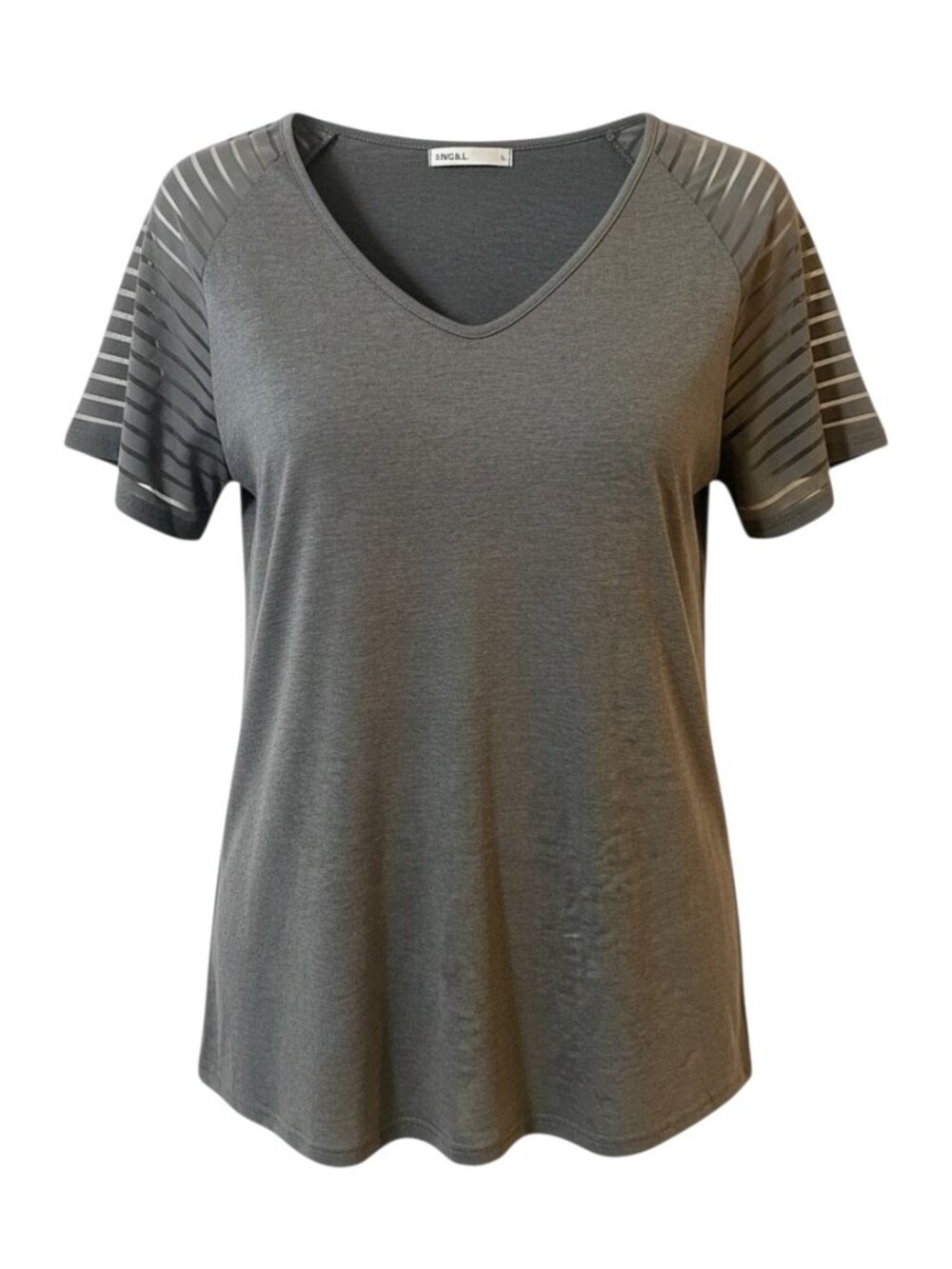 MIHOLL Gray V Neck Lace Short Sleeve Business Casual Women's Large